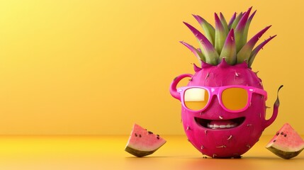 A Cheerful Dragon Fruit Character Sporting Sunglasses and Yellow Background with Watermelon Slices for a Fun and Playful Summer Vibe