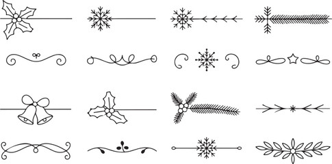 Various christmas dividers showcase snowflakes, holly, bells, pine boughs and leaves on transparent background