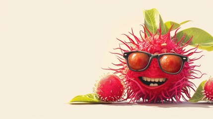 A Colorful Cartoonish Microbe Character with Sunglasses and Vibrant Red Texture Surrounded by Lush Greenery and Playful Colors