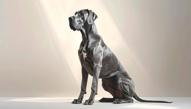 Majestic Great Dane sits poised against soft light, displaying its noble stature and smooth, grey coat