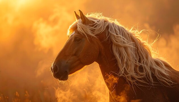 Majestic horse with flowing white mane against a bright golden sunset, capturing beauty & wildness