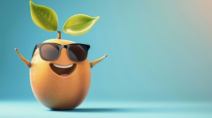 A Cheerful Cartoon Fruit Character with Sunglasses and Leaves, Emphasizing Playfulness and Joy in a Vibrant Background Setting