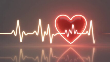 Red glowing 3D heart with a neon pulsating heartbeat line reflecting on a dark surface for medical and cardiology health concept - Powered by Adobe