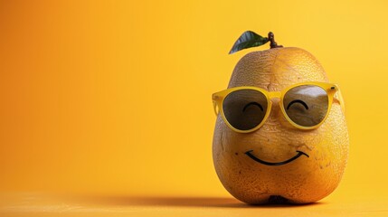 A Cheerful Yellow Fruit with Sunglasses and a Smile, Radiating Joy Against a Bright Yellow Background