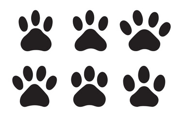Set of six black dog paw print icons on white background animal paw vector illustration
