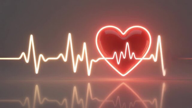 Red glowing 3D heart with a neon pulsating heartbeat line reflecting on a dark surface for medical and cardiology health concept