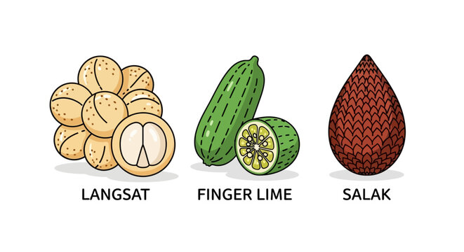 Exotic Fruits Illustration - Langsat, Finger Lime, and Salak.