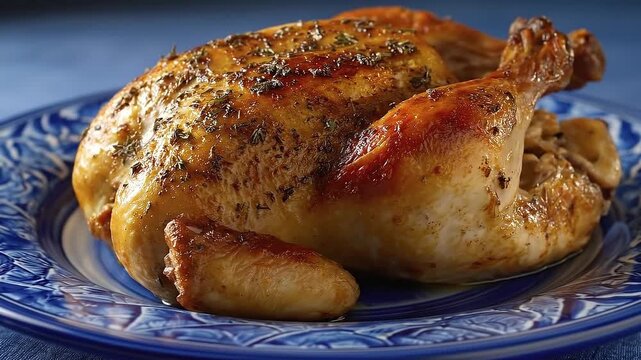 Roasted chicken glistening with herbs on a blue patterned plate