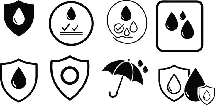 Waterproof and water resistant icons set in black and white line art