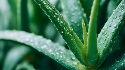 Close-up of vibrant green aloe vera plant leaves with glistening water droplets, showcasing natural beauty and freshness.