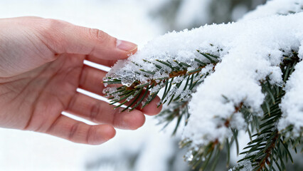 Hand touching snow-covered pine tree branch in winter landscape  
