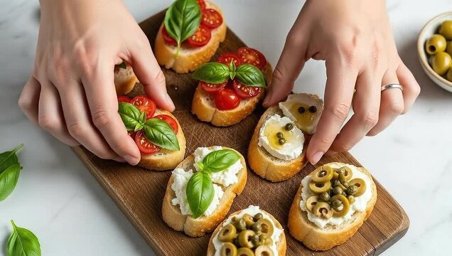 A person arranging a variety of delicious bruschetta on a wooden board
