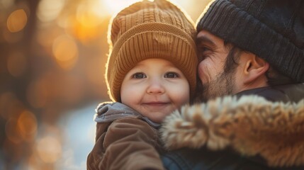 Heartwarming Moment Between Father and Toddler in a Cozy Winter Setting, Radiating Joy and Love Amidst the Golden Glow of Autumn