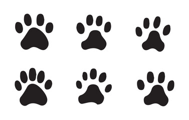 Collection of six identical black paw prints vector illustration on clean white background