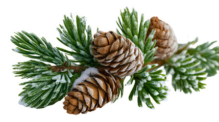 A green pine branch with brown cones and snow isolated on a white background, a frosty winter fir twig for Christmas decoration, a natural evergreen plant close-up, a holiday nature object.