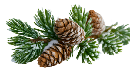 A green pine branch with brown cones and snow isolated on a white background, a frosty winter fir twig for Christmas decoration, a natural evergreen plant close-up, a holiday nature object.