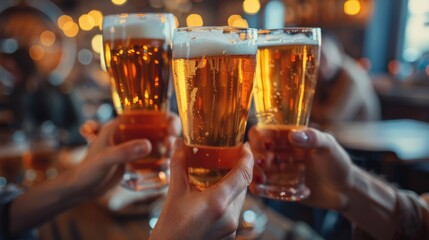 A Warm Gathering: Friends Cheerfully Toasting with Glasses of Amber Beer in a Cozy, Lively Bar Atmosphere Filled with Warm Light and Joyful Conversations
