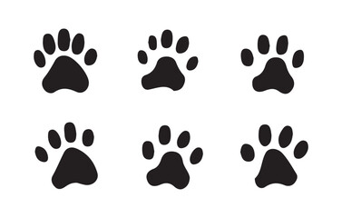 Set of six classic black paw prints vector design for pets on isolated white background