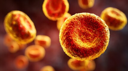 Close-up view of red blood cells flowing through a blood vessel, microscopic view of human blood cells.