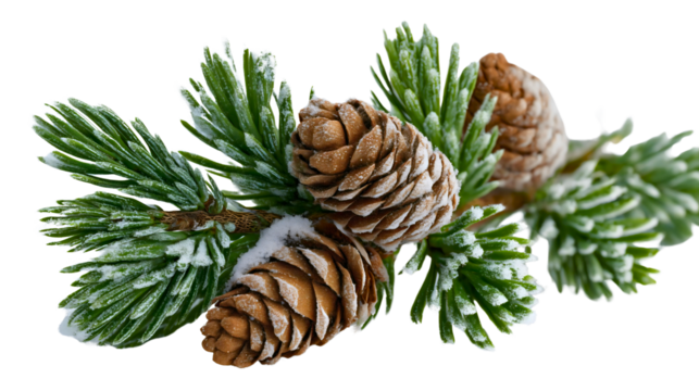 A green pine branch with brown cones and snow isolated on a white background, a frosty winter fir twig for Christmas decoration, a natural evergreen plant close-up, a holiday nature object.