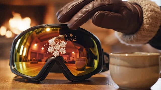 A hand in a leather glove touches a snowflake on ski goggles. Cozy apr&egrave;s-ski scene with a fireplace and a hot drink. Winter holiday relaxation