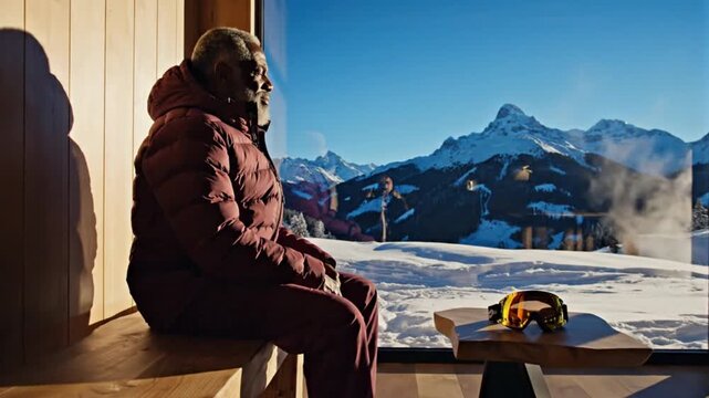 Senior man in a winter suit sits inside a luxury chalet looking at the snowy mountains. A quiet moment of reflection during a ski vacation