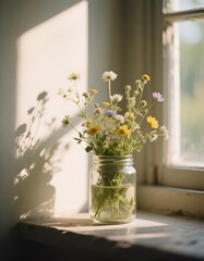 Wildflower Bouquet in Glass Jar by Window in Soft Sunlight
