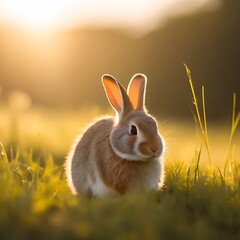 Cute Bunny Sitting in Grass Under Warm Golden Sunlight

