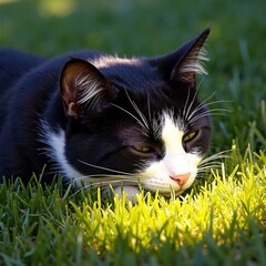 Black and White Cat Resting on Grass in Natural Sunlight
