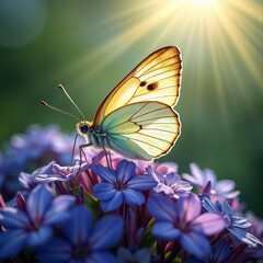 Colorful Butterfly Resting on Vibrant Flowers in Sunlight

