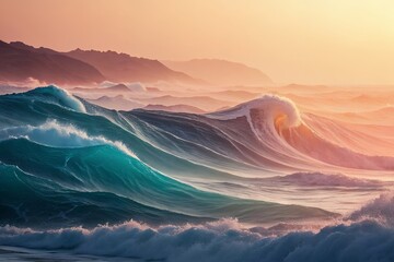 Dramatic ocean waves crashing under a warm sunset sky