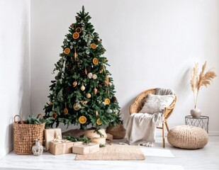 Minimalist Christmas tree in cozy living room with natural decorations and gifts