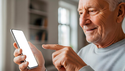 An elderly caucasian man in a grey sweatshirt points at a smartphone with a blank white screen. Technology app concept for seniors.