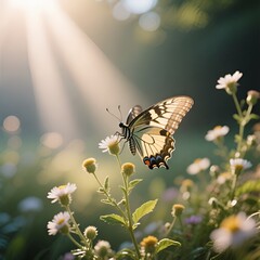 Butterfly on Wildflower in Warm Sunlight

