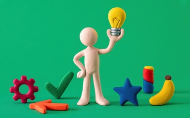 A plasticine character holding a bright lightbulb, symbolizing a successful creative idea