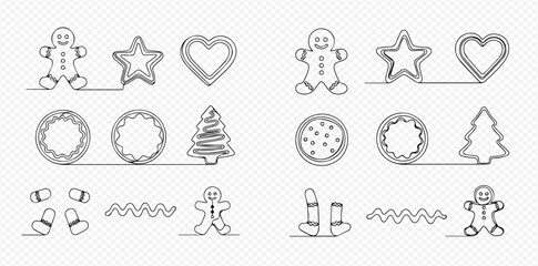 Continuous line drawing of various Christmas cookie shapes including gingerbread men, stars, hearts, and trees.