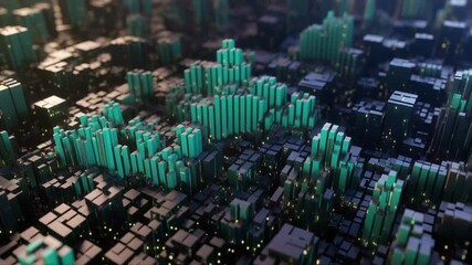Abstract digital cityscape composed of glowing teal voxel blocks representing a futuristic data visualization concept - Powered by Adobe