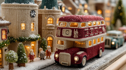 toy bus parked in front of modern building, brown and gray color palette, soft depth of field, playful atmosphere,