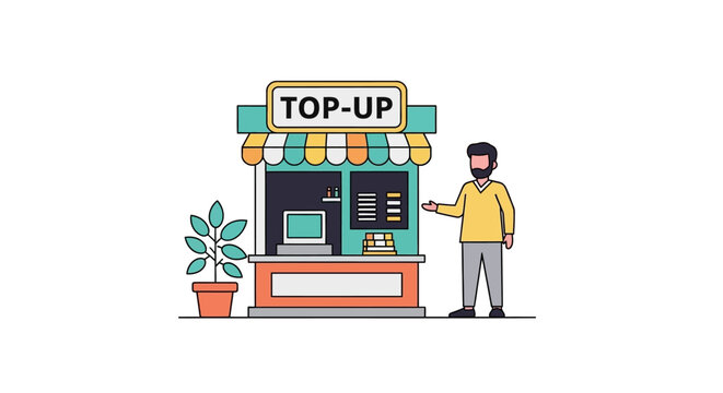 Illustration of a Top-Up Shop with a Customer.