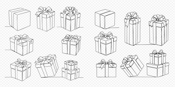 A collection of continuous line art drawings depicting various gift boxes with ribbons and bows.