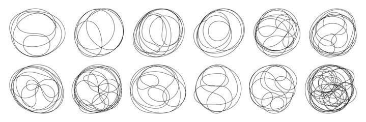 Abstract messy scribble circle. Oval highlight by pen, marker, brush, crayon, pencil. Hand drawn scribble. Circular doodle sketch scribbles round. Doodle Swirl Circle Set Line Art Collection