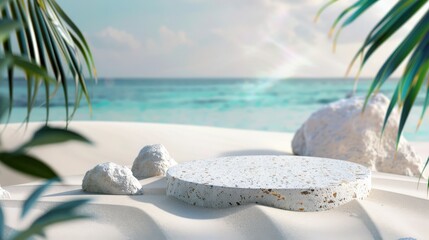 A Serene Beach Scene Featuring a Round White Stone Table Surrounded by Natural Elements and Calm Ocean Waves in the Background
