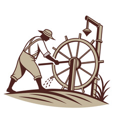 Fototapeta premium Farmer operating a water wheel to irrigate crops in a stylized agricultural landscape illustration