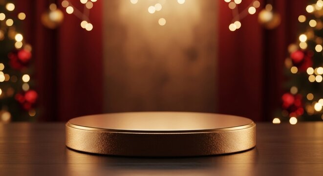 Golden podium on a wooden table with festive christmas decorations and bokeh lights, perfect for product display