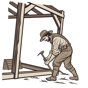 A rugged frontiersman wearing a hat and overalls hammers nails into a wooden structure during construction