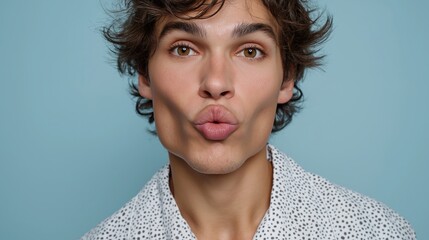 Young caucasian male making a pouty face expression on a light blue background