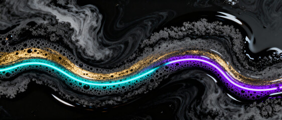Abstract fluid art with neon turquoise, golden, and violet streaks flowing through textured black marbled surface and foamy bubbles
