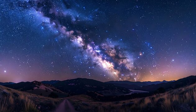 Majestic Milky Way arches over dark, rolling hills with a serene valley in the distance. Breathtaking night panorama