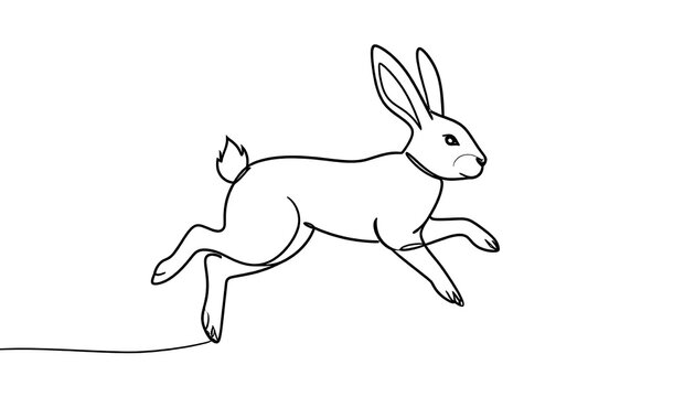 Line drawing of a rabbit mid-leap, with a simplistic, single-continuous-line style, isolated on a clean white background