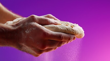 Caucasian male hands kneading bread dough on purple background